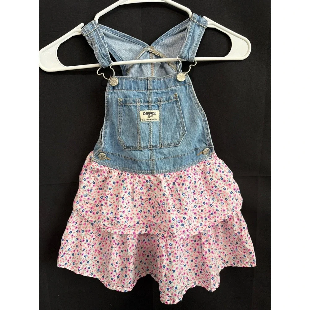 OshKosh B'gosh Overall Dress 4T Blue Pink Floral Ruffle Denim Skirtall OSH11771